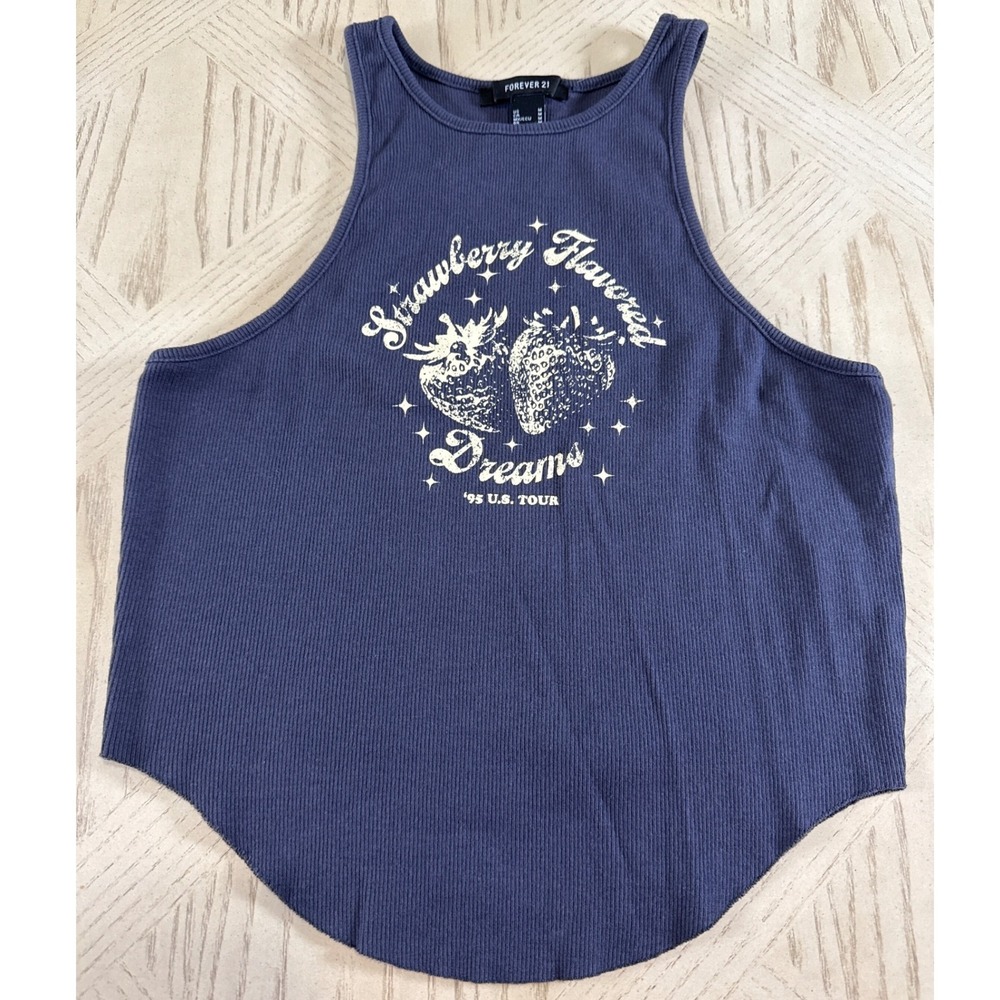 Forever 21 Blue Crop Tank Top Strawberry Dreams‎ '95 Tour 90s Festival Womens M